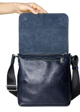 Сумка синя чоловічий зі шкіри grande pelle, сумка месенджер синя шкіряна через плече, сумка планшет з ременем3 фото