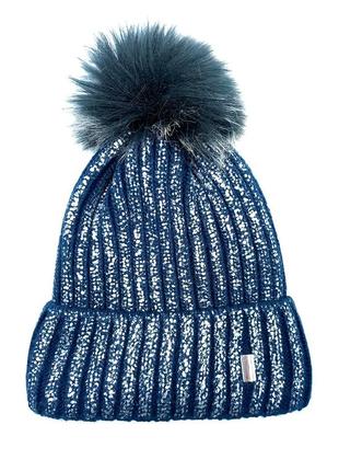 Женская теплая синяя шапка с помпоном из шерсти на зиму, вязаная зимняя темно синяя шапка блестящая с флисом4 фото