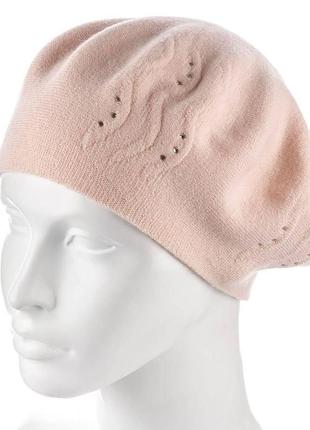 Берет женский двойной модный со стразами тонкой вязки полушерстяной zolly zh217 кремовый