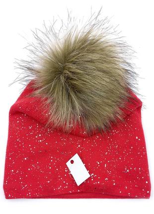 Комплект шапка красная и шарф детский зимний, набор шапка с хомутом красная блестящая на зиму/осень на флисе3 фото