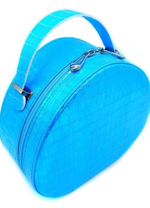 Кейс косметичний блакитний хамелеон,жіноча валіза для косметики блакитна рептилія,кругла косметичка кейс м2 фото