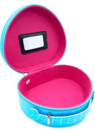 Кейс косметический голубой хамелеон,женский чемодан для косметики голубой рептилия,круглая косметичка кейс м3 фото