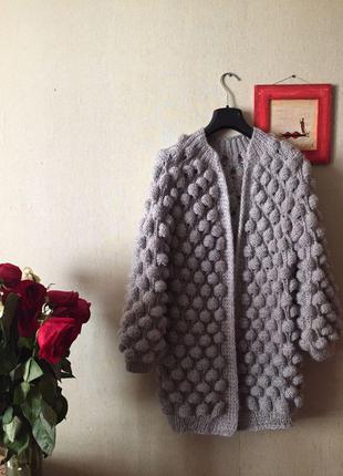 Жіночий в'язаний об'ємний кардиган кофта светр малинки,шишечки,шишки