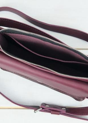 Женская кожаная сумочка через плечо с внешним карманом на кнопке, полу-матовая поверхность, цвет бордовый4 фото