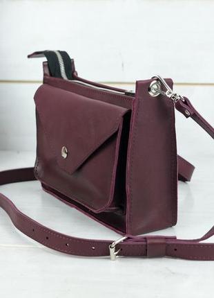 Женская кожаная сумочка через плечо с внешним карманом на кнопке, полу-матовая поверхность, цвет бордовый3 фото