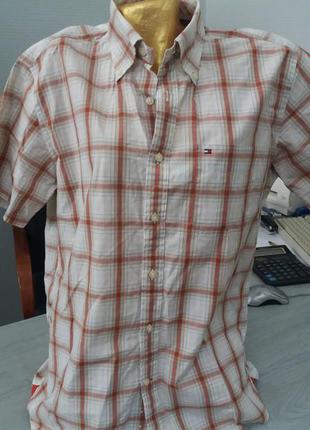 Бежевая легкая тенниска рубашка в клетку tommy hilfiger раз.m-l