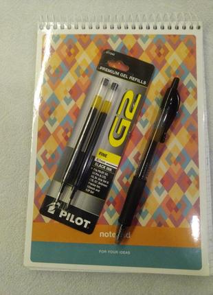 Ручка геллевая pilot g2 gel pen - 0.7 mm - black + блокнот + два стрижня