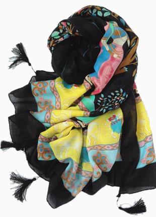 Жіночий шарф чорний шифоновий в індійському стилі бохо з китицями2 фото