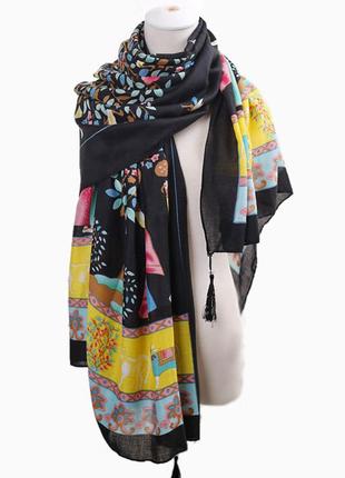 Жіночий шарф чорний шифоновий в індійському стилі бохо з китицями4 фото