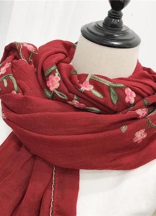 Женский шарф бордовый хлопковый натуральный стильный 190*90 см2 фото