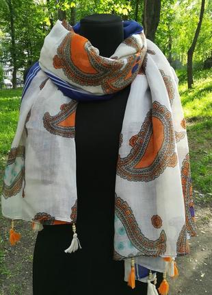 Жіночий шарф віскозний білий з індійським візерунком кеш'ю 190*90 см4 фото