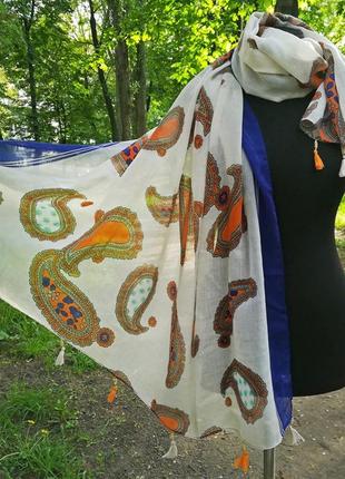 Жіночий шарф віскозний білий з індійським візерунком кеш'ю 190*90 см6 фото