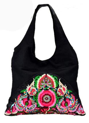 Женская сумка тканевая черная хобо летняя винтажная с вышивкой 42*32*10