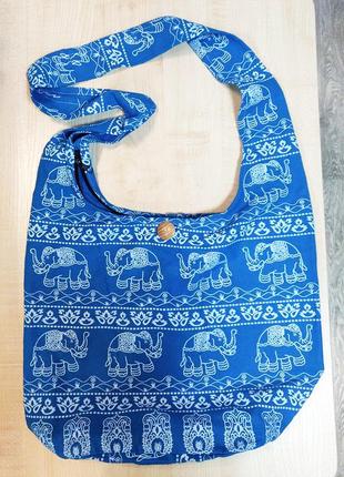 Женская сумка мешок тканевая пляжная голубая со слоном1 фото
