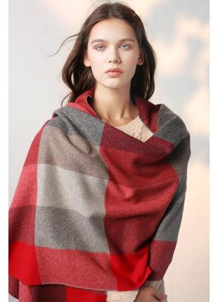 Зимний шарф шаль шерстяной красный с серым клетчатый 200*65 см шотландка3 фото