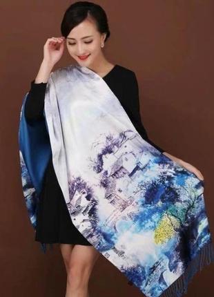 Стильный шарф шелковый синий модный на теплой подкладке 170*50 см5 фото
