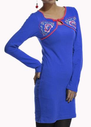 Платье туника трикотаж обтягивающее мини синее длинный рукав1 фото