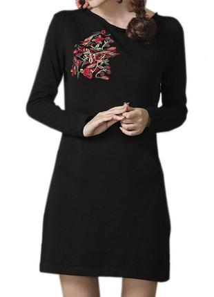 Платье трикотажное черное короткое с карманами теплое3 фото