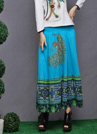 Длинная юбка голубая винтажная с вышивкой индийский хлопок