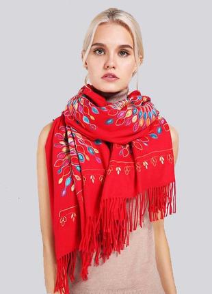 Красный шарф женский кашемировый палантин теплый 180*70 с бахрамой