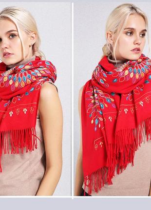 Красный шарф женский кашемировый палантин теплый 180*70 с бахрамой2 фото