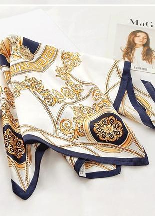Шелковый платок на шею белый с золотым узором дизайнерский 70*70 см4 фото