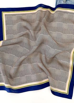 Шейный платок шелковый клетчатый серый с синим модный 53*53 см2 фото