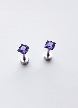 Сталеві сережки штанги з фіолетовими камінчиками на закрутках