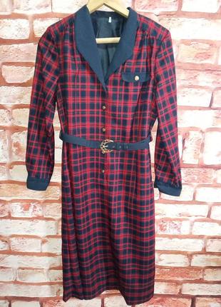 Платье клетка шерстяное прямое под пояс винтажное