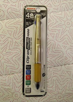Мультиручка zebra clip-on 1000s 4 color 0.7 mm ballpoint multi pen + 0.5 mm pencil - gold body1 фото