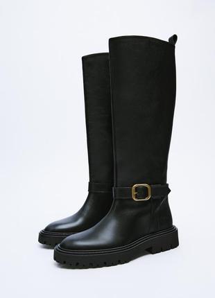 Кожаные жокейские сапоги на плоской подошве, с пряжками zara