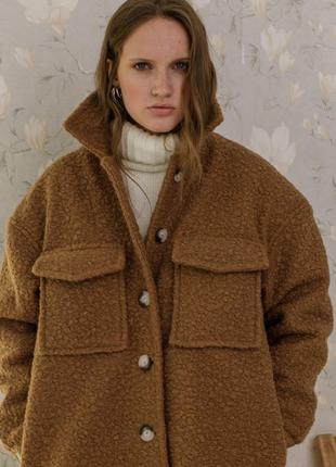 Коротке пальто жіноче-сорочка прямого крою з пальтової тканини баранчик з кишенями xs, s, m3 фото
