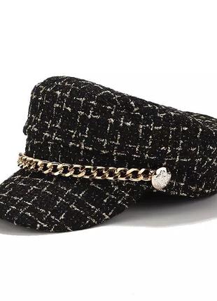 Твидова кепка кепи твид чёрная женская шляпа стильная с цепочкой тёплая