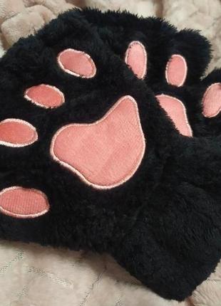 Милые чёрные теплые плюшевые перчатки митенки кошачьи лапки с открытыми пальцами tiktok как zara4 фото