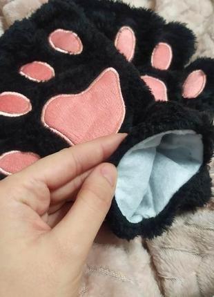 Милые чёрные теплые плюшевые перчатки митенки кошачьи лапки с открытыми пальцами tiktok как zara3 фото