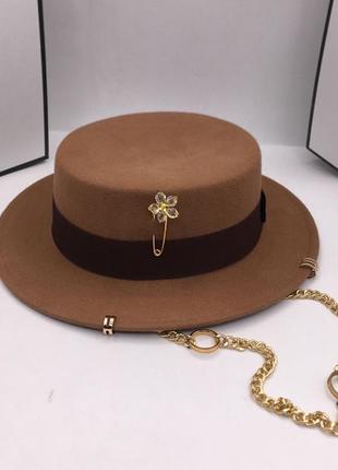 Шикарний коричневий шерстяний капелюх федора з ланцюжком та декором теплий шляпа шерсть5 фото