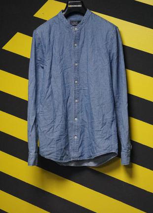 Джинсова сорочка з коміром-мандарин