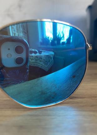 Сині дзеркальні круглі окуляри з поляризацією в золотистій оправі5 фото