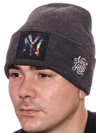 Шапка брендовая бини с шевроном двойная зимняя универсальная new york l21052 l/57-58 темносерая