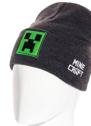Шапка бини детская двойная с отворотом гладкой вязки шеврон minecraft ldv21061 темно-серый
