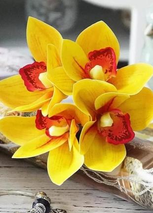 Искусственная орхидея - в наборе 4шт., цвет желтый, длина цветущей части 6см, вся длина 24см