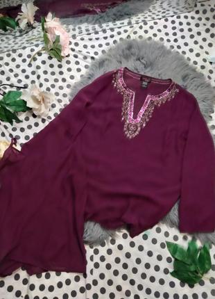 Нежная шифонова блуза з майкою 2 в 1, украшена бисером, цвет: свекла