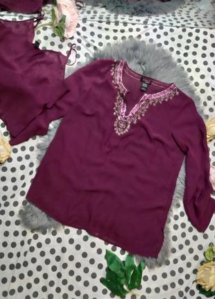 Ніжна шифонова блуза з майкою 2 в 1, прикрашена бісером, колір: буряк5 фото