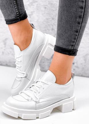 Жіночі білі натуральні шкіряні туфлі на шнурках шнурівці товстій підошві шкіра білі шкіряні туфлі шнуровці4 фото