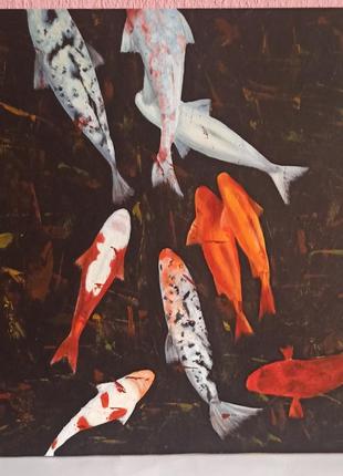 Картина акрилом 36х36см китайські рибки червона,срібна