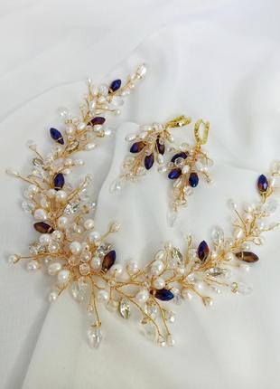 Набір весільних прикрас, перлова гілочка в зачіску і сережки з натуральними перлами