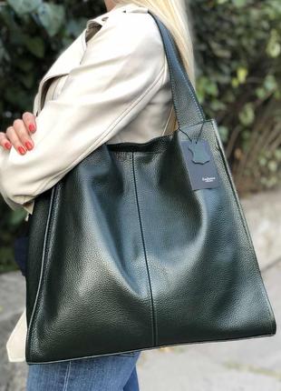 Женская сумка шоппер из натуральной зеленой кожи9 фото