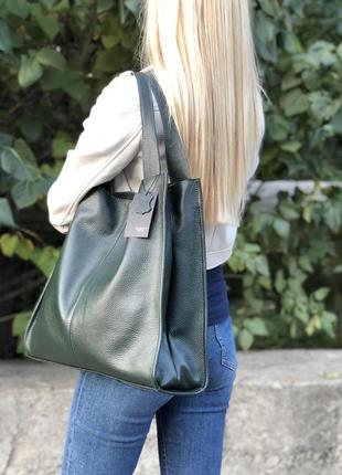 Женская сумка шоппер из натуральной зеленой кожи8 фото
