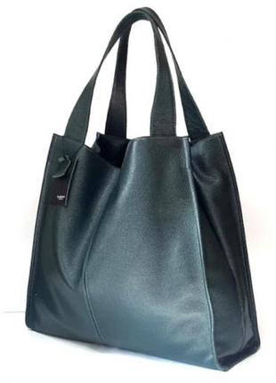 Женская сумка шоппер из натуральной зеленой кожи2 фото