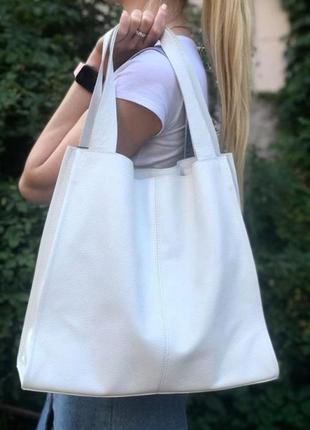 Кожаная женская сумка шоппер белая6 фото
